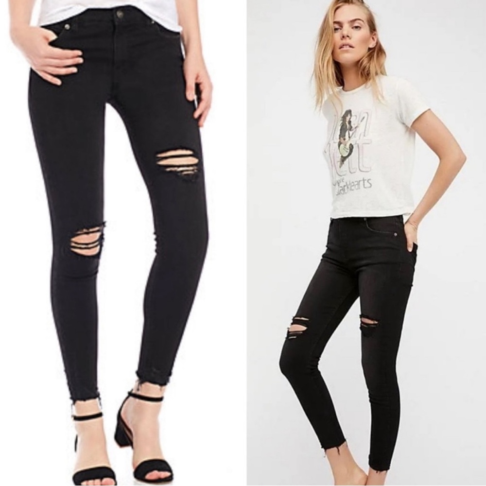 Free People Black Skinny Jeans Distressed Raw Hem Size 26